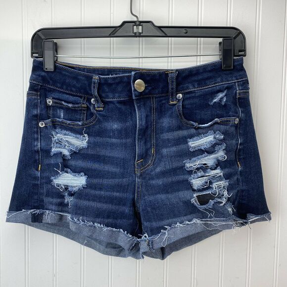 American Eagle Hi-Rise Shortie Sz 6 360 Super Stretch Denim Shorts Holes EUC - Picture 1 of 10